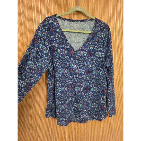 Evri Everyday Tee V-Neck Relaxed Fit 0X Womens Multicolor Long Sleeve Cotton - Picture 1 of 4